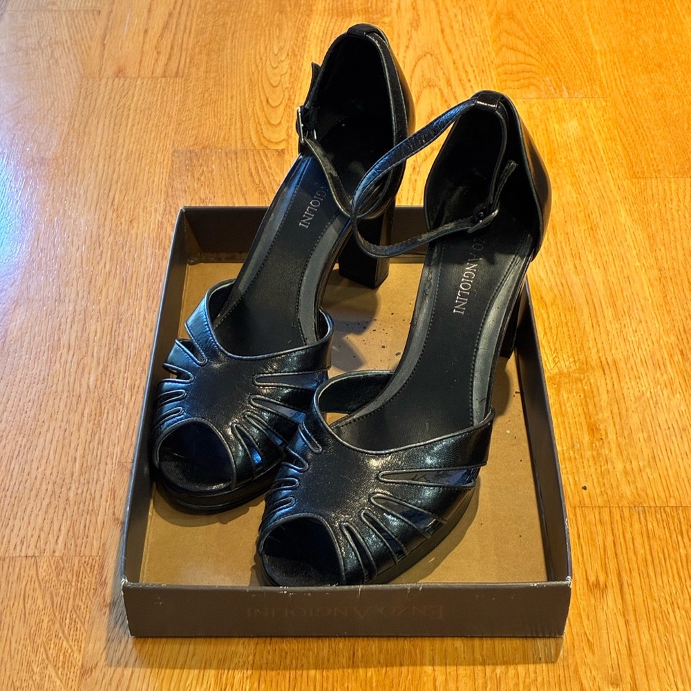 Enzo Angiolini Black Leather Heels with Peep-Toe Design